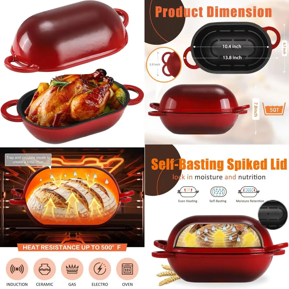 

5-Quart Enamel Cast Iron Bread Oven with Lid, Oval Dutch Oven for Baking Homemade Bread in Gradient Red