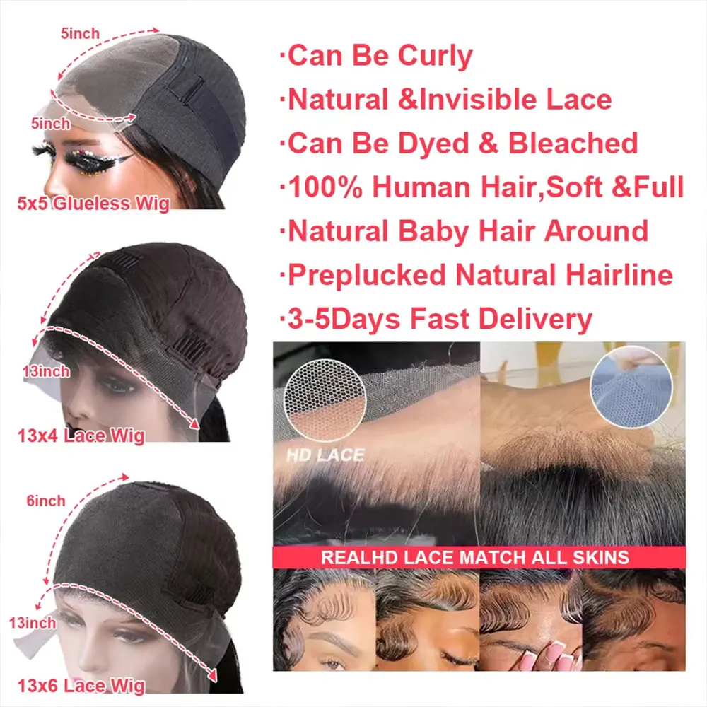 Parrucca frontale in pizzo trasparente 13x6 13x4 HD con densità del 250% Parrucca senza colla 5x5 Parrucca per capelli umani per le donne Parrucche brasiliane