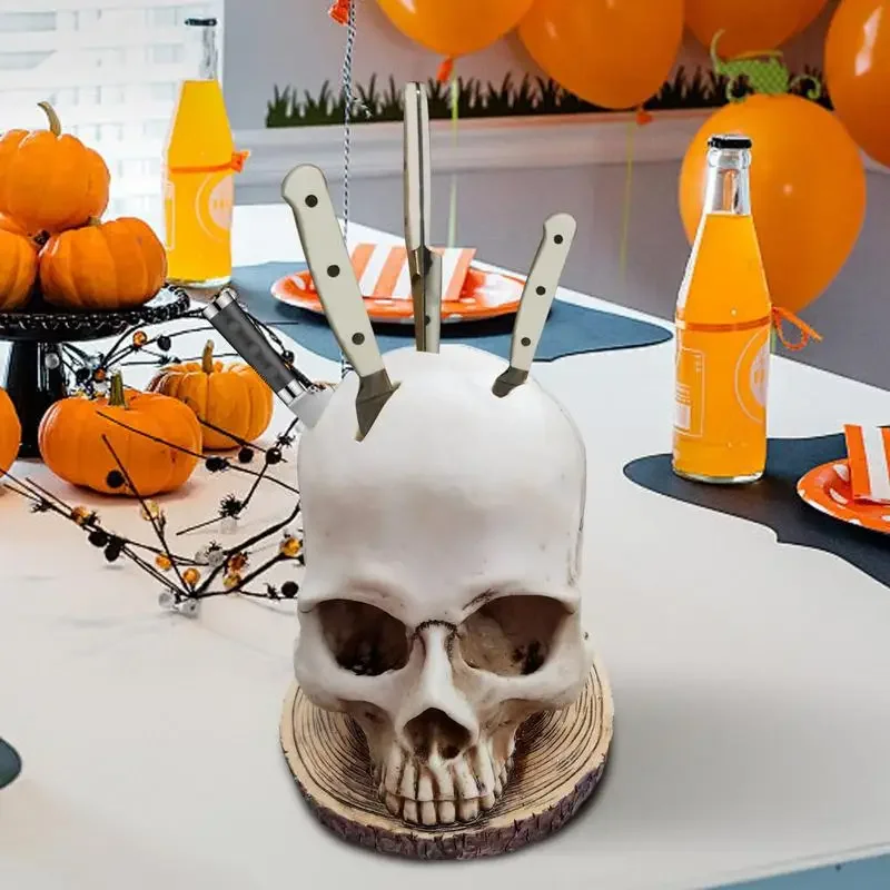 Halloween Skull Knife Holder Horror Kitchen Storage Head Rack Skeleton Knife and Fork Stand Desktop Ornaments Home Decoration