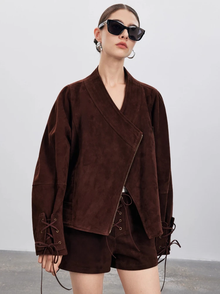 

Vintage Short Genuine Leather Jackets for Women Spring Autumn High-end Simple Bandage Design Loose Real Sheepskin Suede Coat