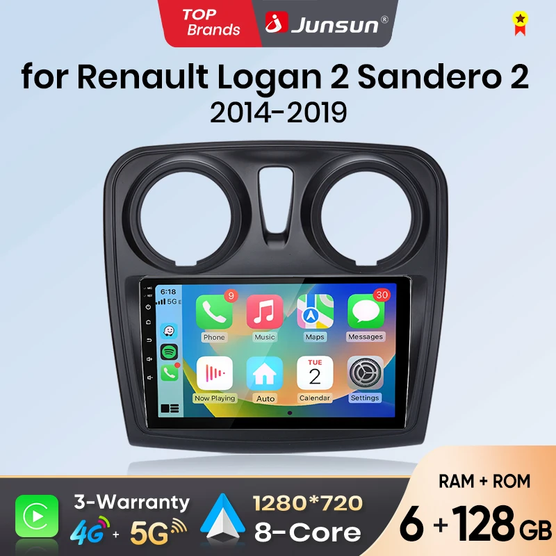 Junsun Android Auto Autoradio für Renault Logan 2 Sandero 2014 2015 2016 2017 2018 2019 Multimedia Wireless Apple CarPlay Intelligente Systeme IPS Touchscreen Stereo Videoplayer 2 Din Autoradio Head