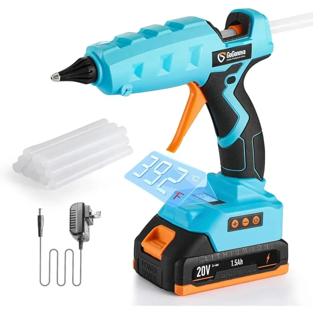 

20V Temp Adjust Cordless Glue Gun, GoGonova LCD Digital Display Fast Heating Accurate Dual Temp, Dripless Full Size Heavy Duty