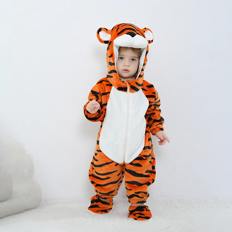 Animal Tiger Kigurumis Baby Girl Clothes Romper Winter Soft Warm Infant Onesie  Cosplay Costume Hooded Zipper Jumpsuits