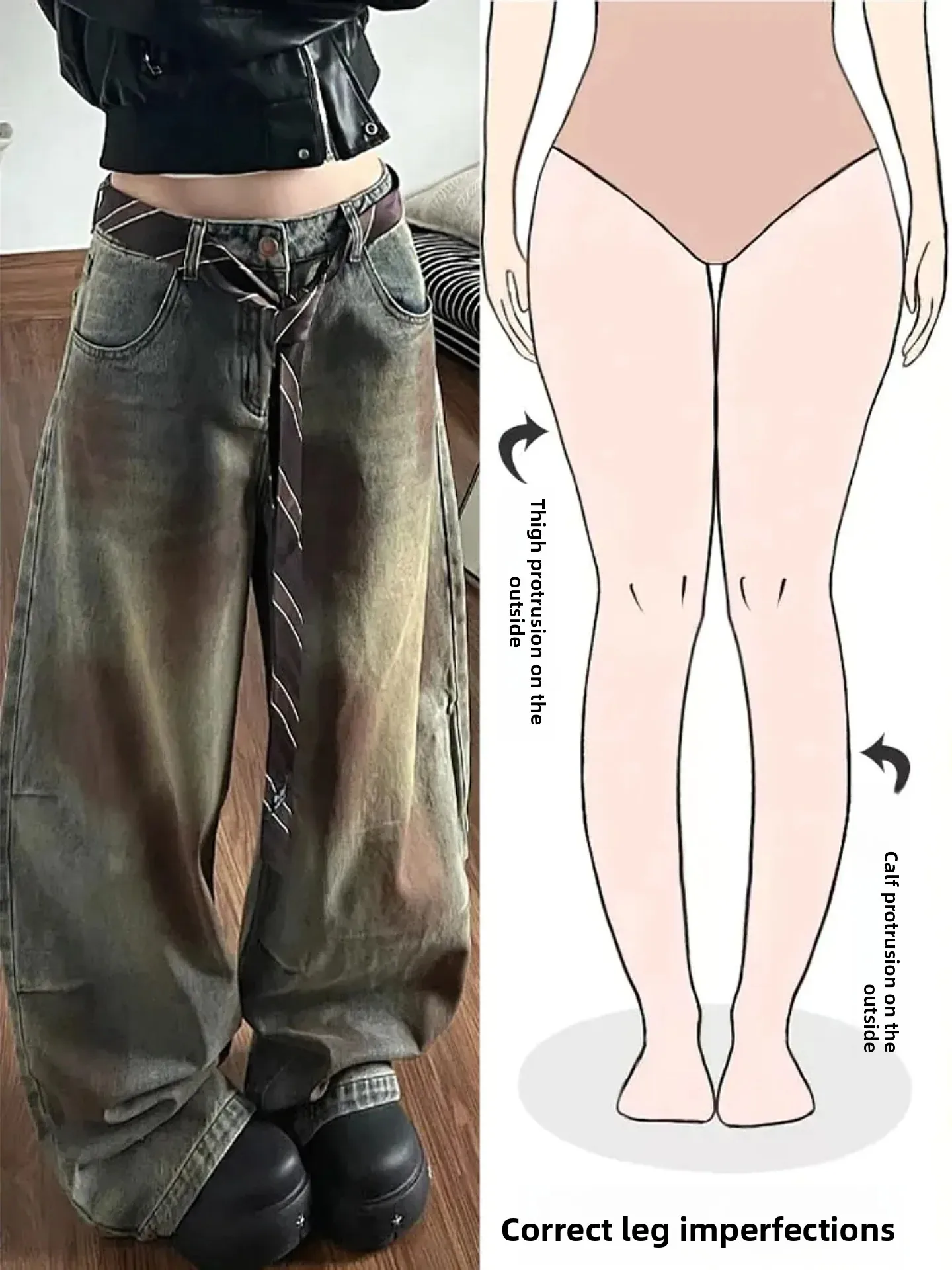 

Retro American Tie Dye Faded Denim Wide Leg Knife Pants Women's Autumn Winter Street Style Design High Waist Zipper Clos...