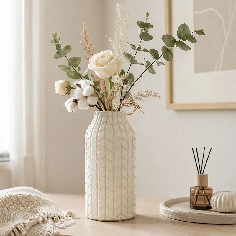 24cm Wheat Ear Relief Texture Ceramic Vase White Flower Pots Table Home Decor Flowers Arrangement Floral Vases Room Ornaments