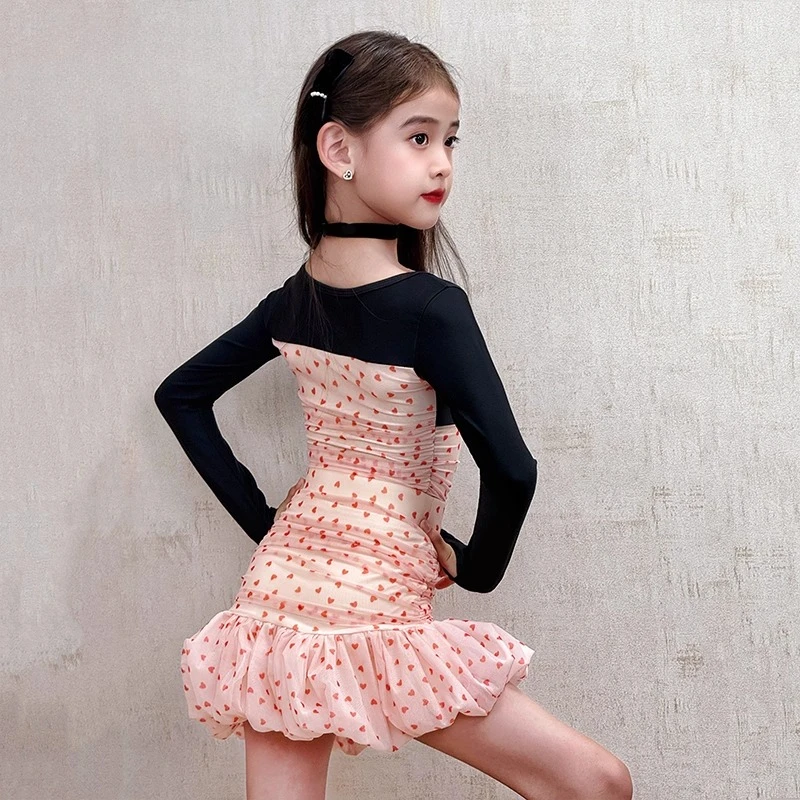 여아용 고급 가을 겨울 라틴 댄스 의상 세트 어린이 연습 및 공연복