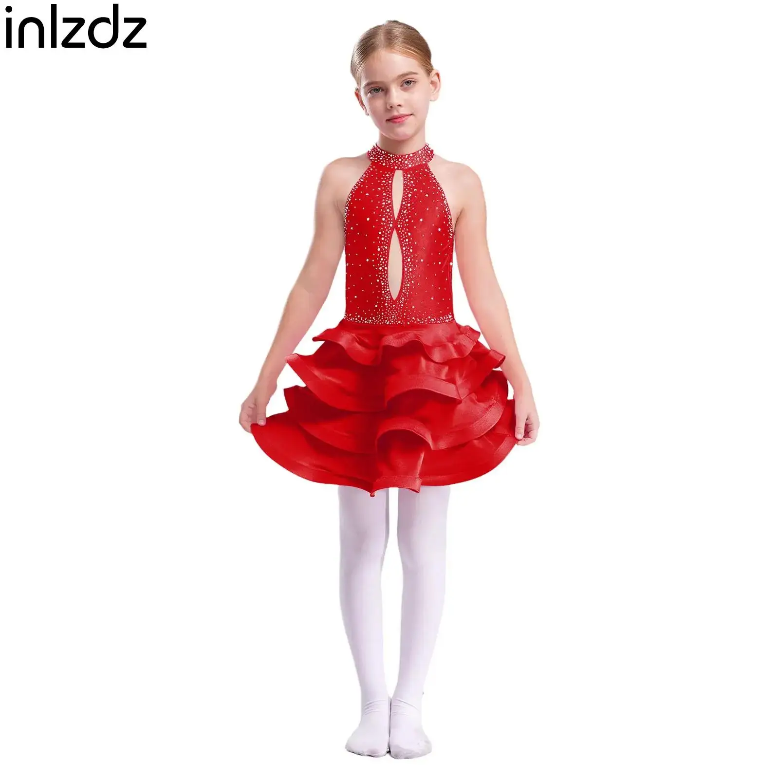 

Children Glittery Latin Dance Performance Costume Backless Rhinestones Tiered Dress Girls Ballet Cha-cha Samba Salsa Dancewear