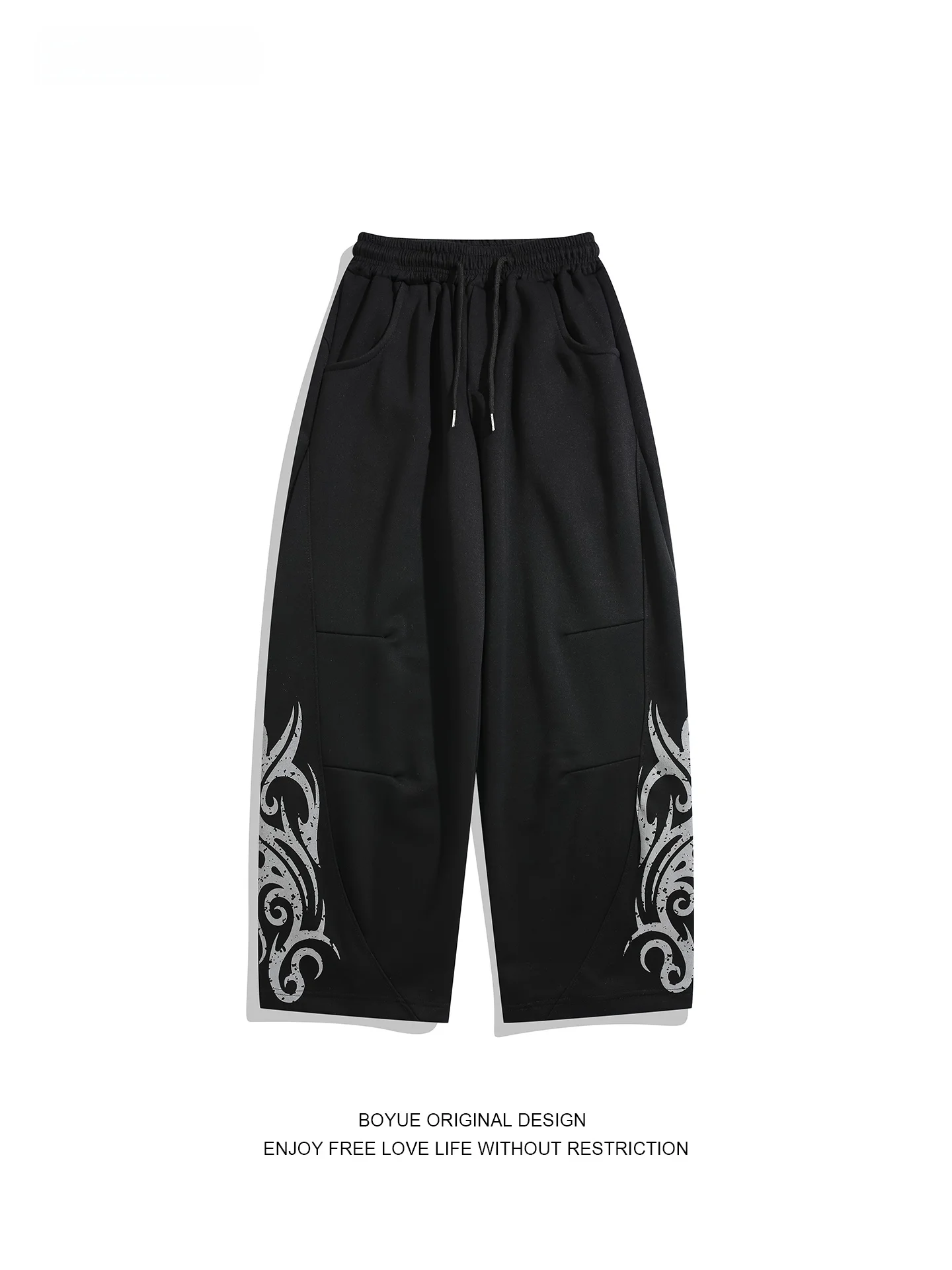 

Boyue American Street Totem Print Wide Leg Pants Elastic Waist Sports Casual Pants for Men And Women Casual Loose Fit Trousers