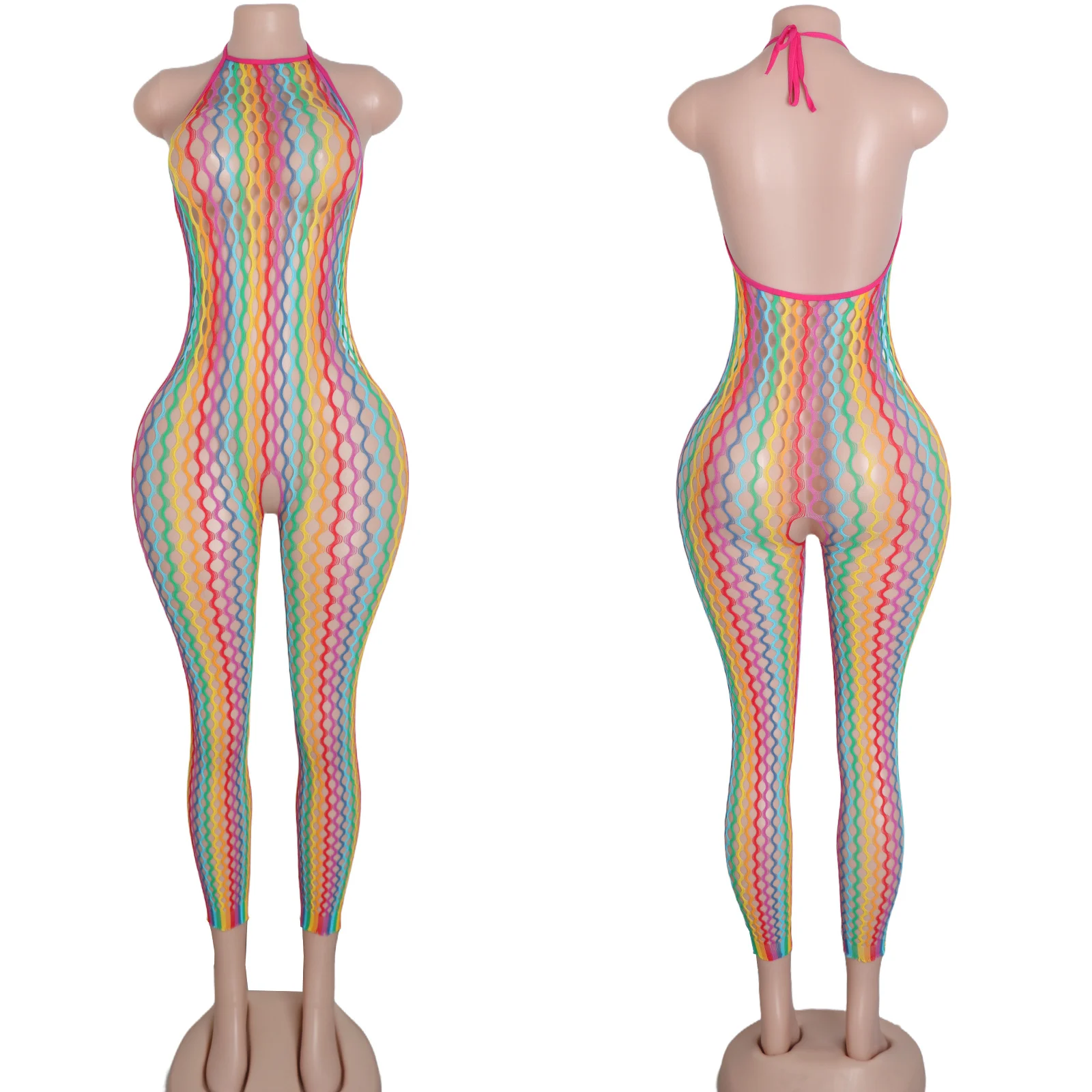 Exotic Fishnet Bodysuit Rainbow Accents Wholesale Lingerie Dancewear Adult Outfits Night Club Performance Costumes Stripper