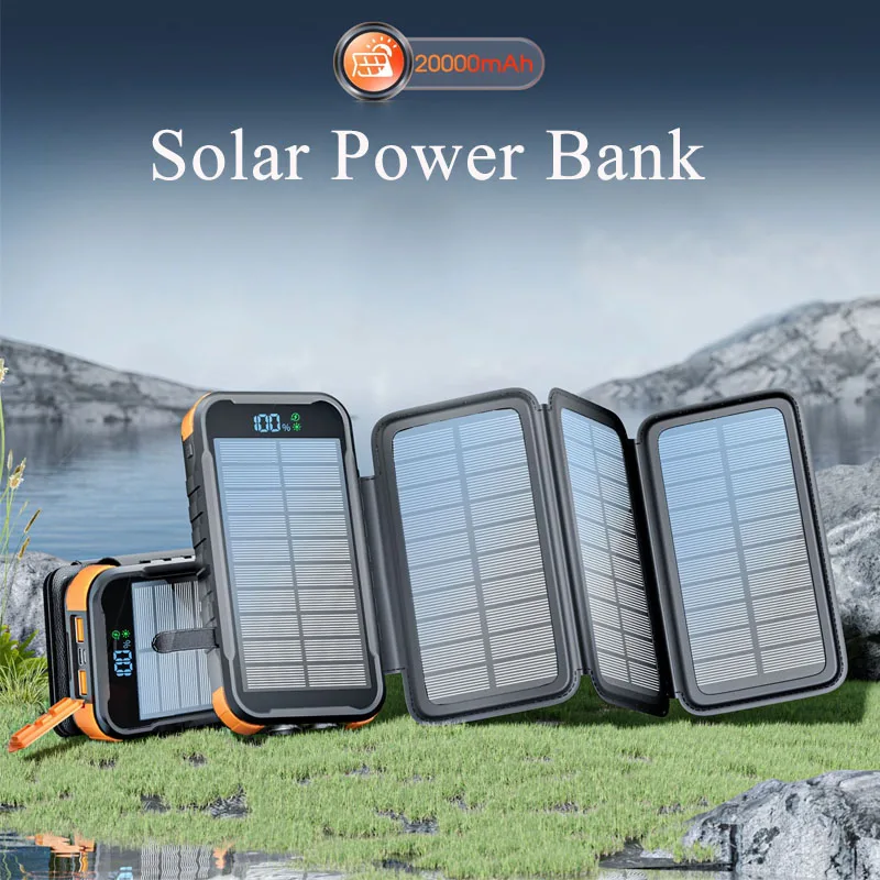 20000mAh Folding Solar Power Bank with 4 Solar Panel Portable Charger PD20W Fast Charging Powerbank for iPhone 16 Samsung Xiaomi