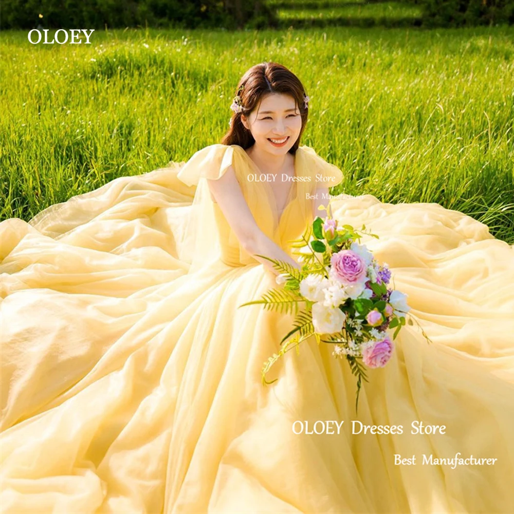 Oloey gelbe Organza lange Ballkleider Korea V-Ausschnitt einfache Gartenparty Abendkleider fegen Zug formelle Braut Kleid Fotoshooting