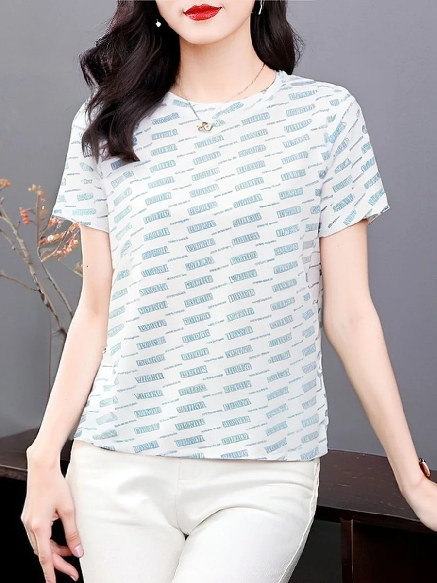 

Модная женская футболка с американским буквенным принтом, с коротким рукавом, свободного кроя, для мам, летняя, для женщин 40-49 лет, из полиэстера, стандартный крой