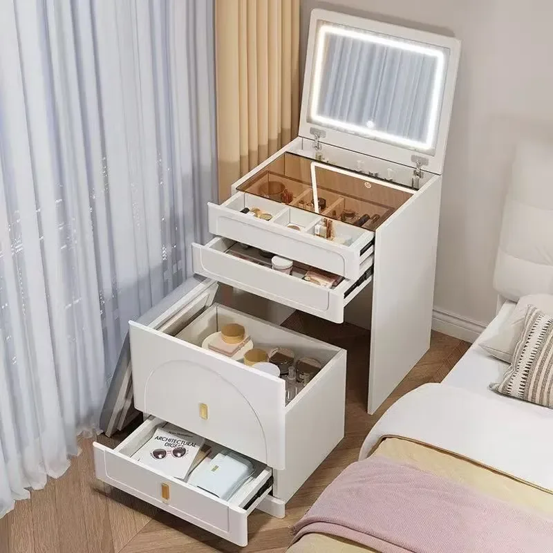 3 Drawer Dresser Set with Power Socket White Makeup Vanity Table Upholstered Stool Compact Bedroom Furniture Storage Unit