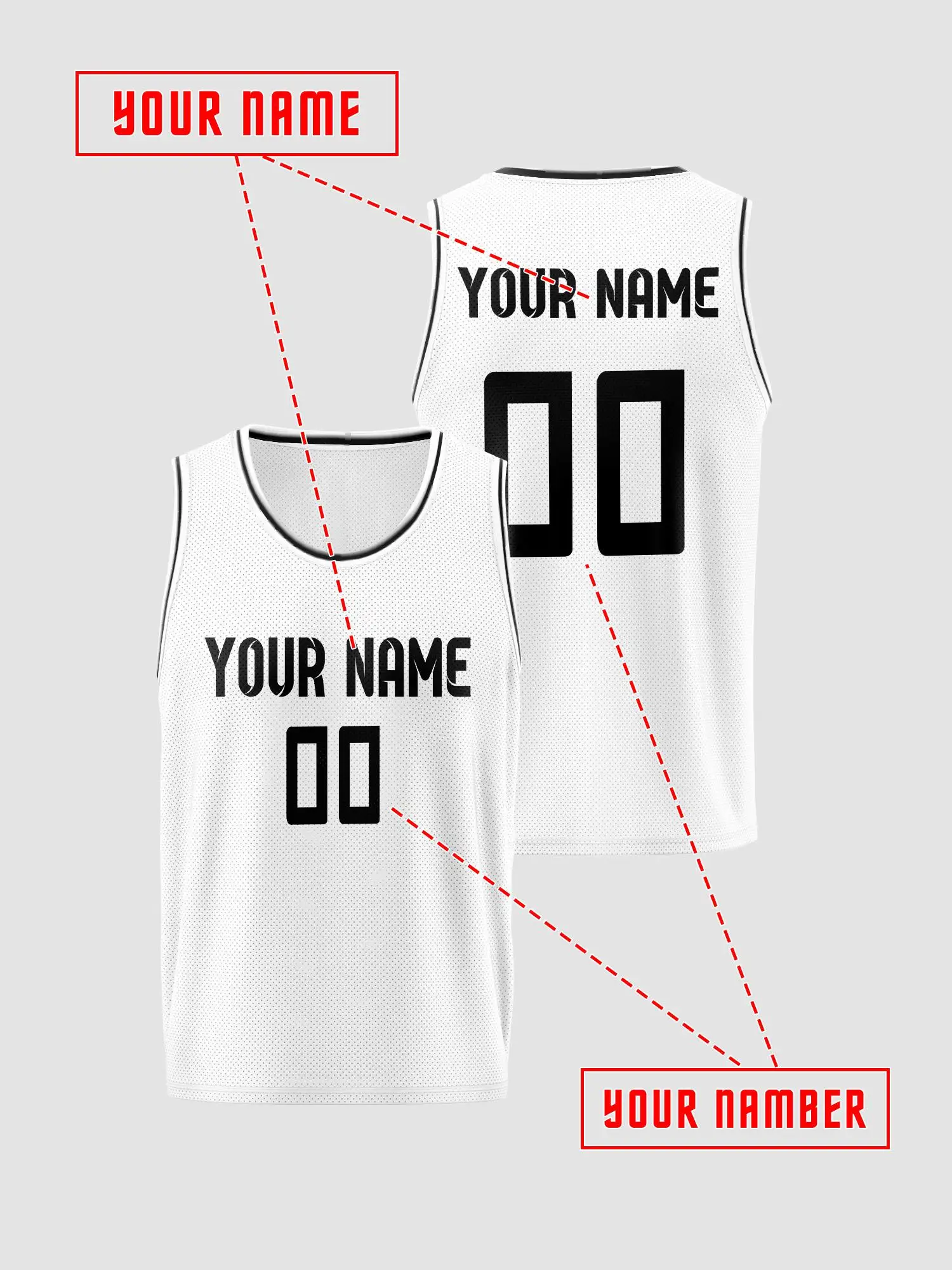 Pure white basic customized basketball vest, breathable mesh jersey for adults and children, customizable name and number