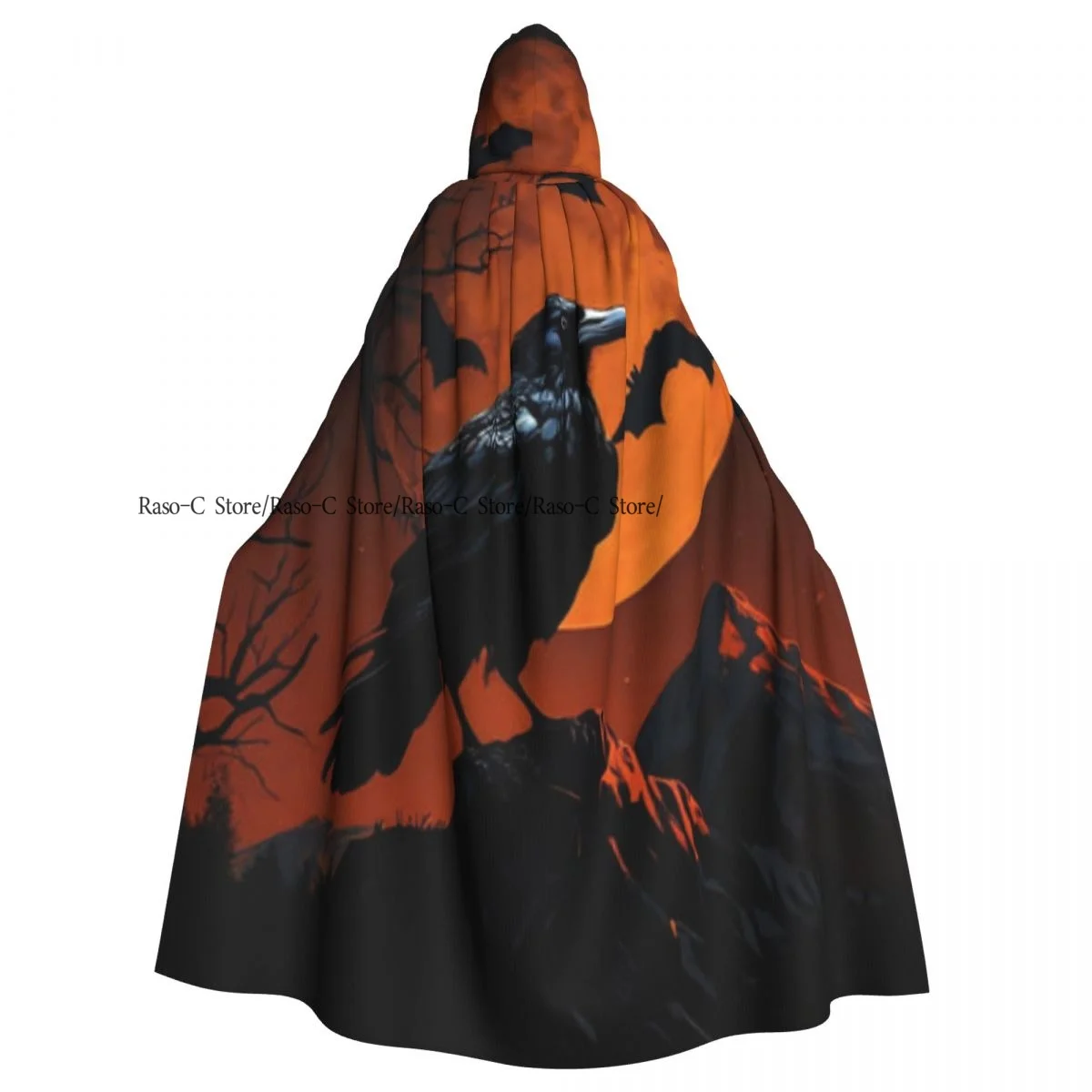 Black Crow And Full Moon Silhouette Hooded Cloak Polyester Unisex Witch Cape Costume Accessory