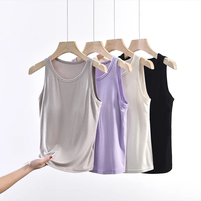 Threaded Modal One Piece Pajamas Sexy Summer Sleepwear Vest Women's Camisole Chest Pad Round Neck Tank Top Bottom Shirt image 2