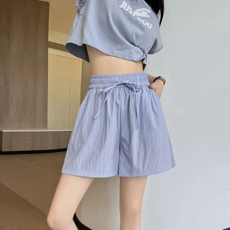 Summer 2025 New High Waist  Wide Leg Pants Elegant Light Green Drawstring Loose Casual Pants Korean Fashion Solid Color Shorts