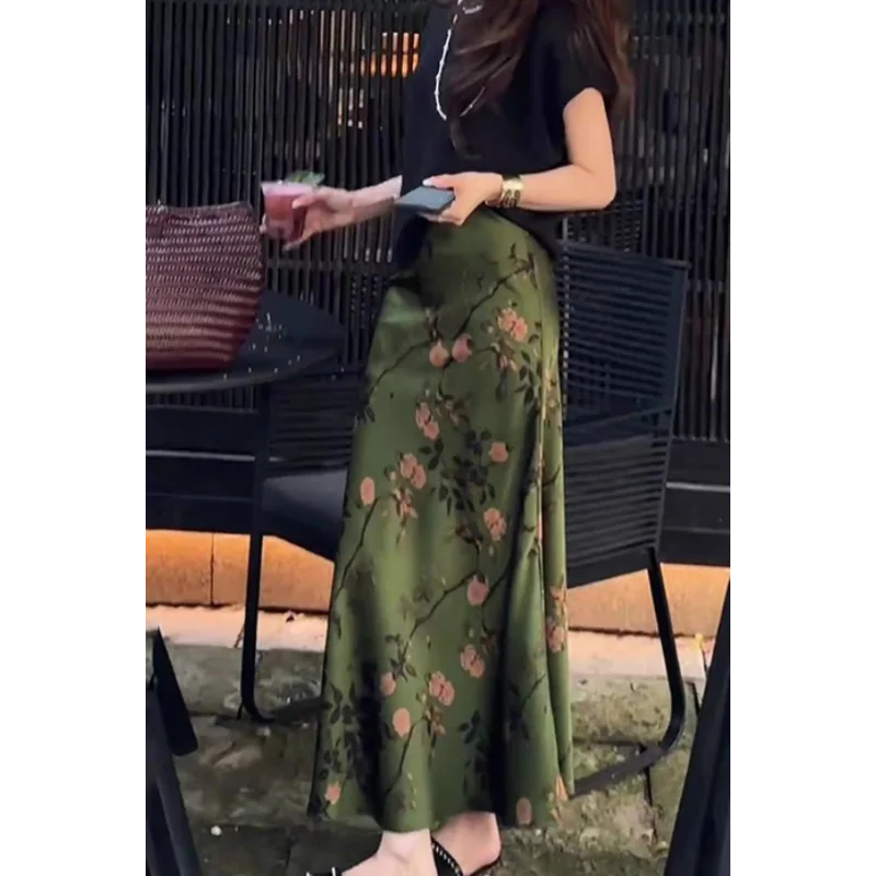National Style Printing Popular Fashion Acetate Satin Age Reduction 2025 Temperament Slim Mid-length Fishtail Skirt