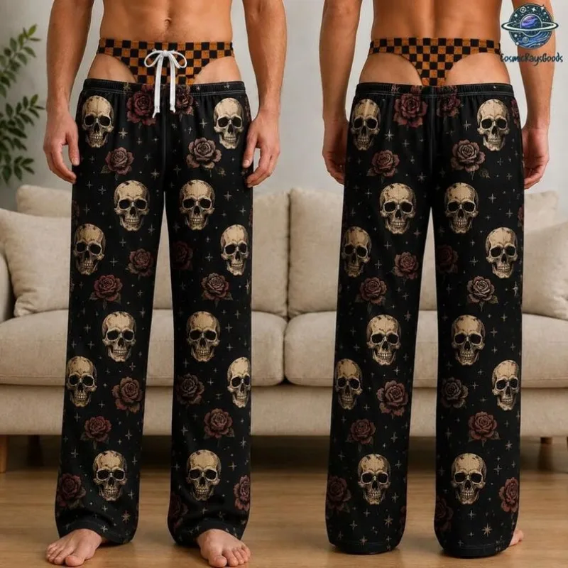 Fun Halloween Cartoon Men's Sleeping Pants, Mummy Ghost Pumpkin Crow Castle Print, Loose Straight Leg Home Casual Pants