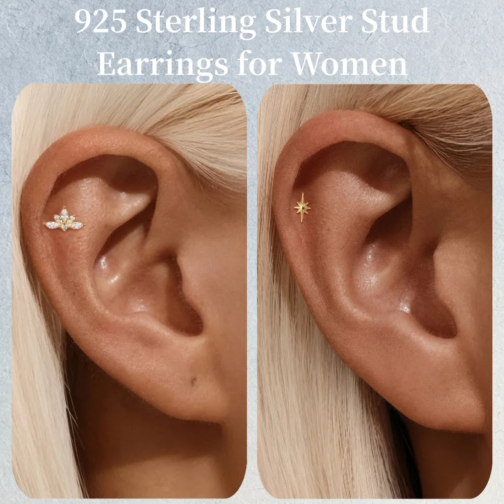 CANNER Silver 925 Sterling Piercing Earring for Women 18K Rolled Gold Earrings Flat Back for Helix Tragus Daith Piercing Jewelry
