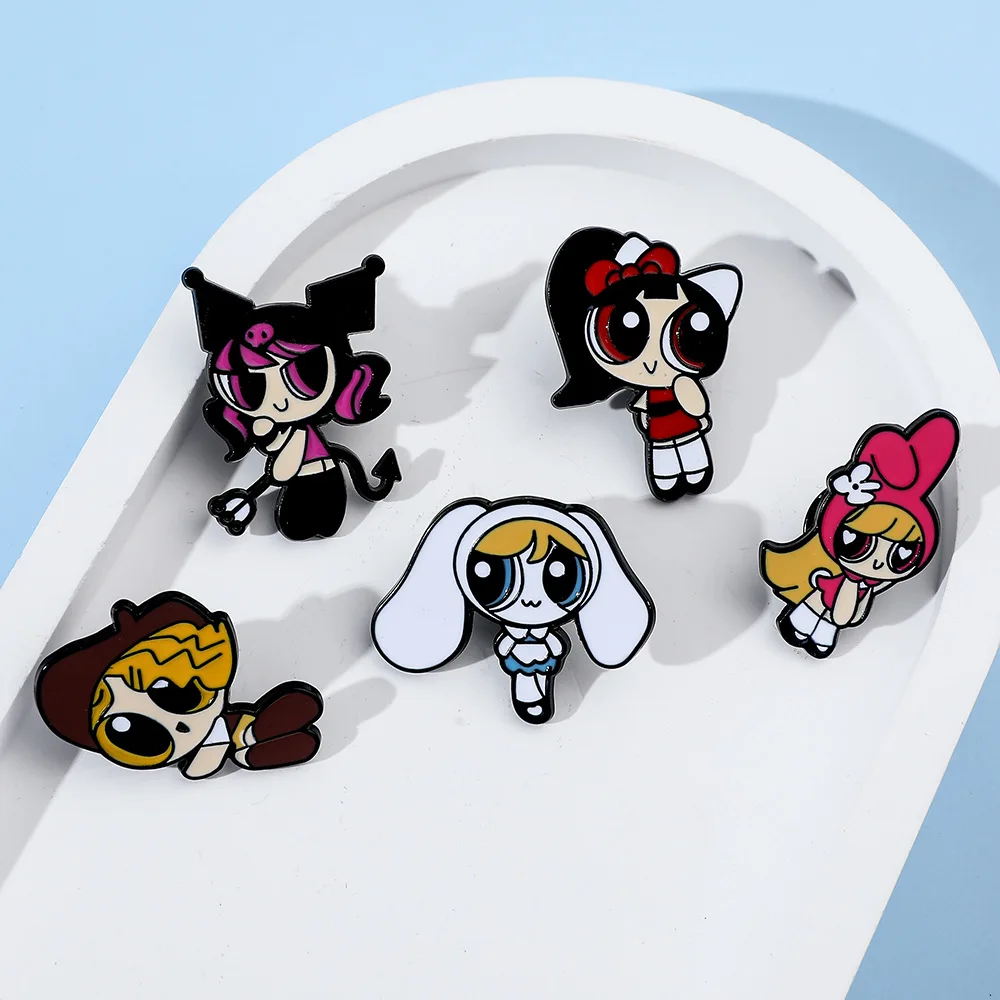 Cartoon Powerpuff Girls Brooch Character Model Metal Enamel Cute Badge Clothing Backpack Lapel Pin Jewelry Accessories Gifts Art