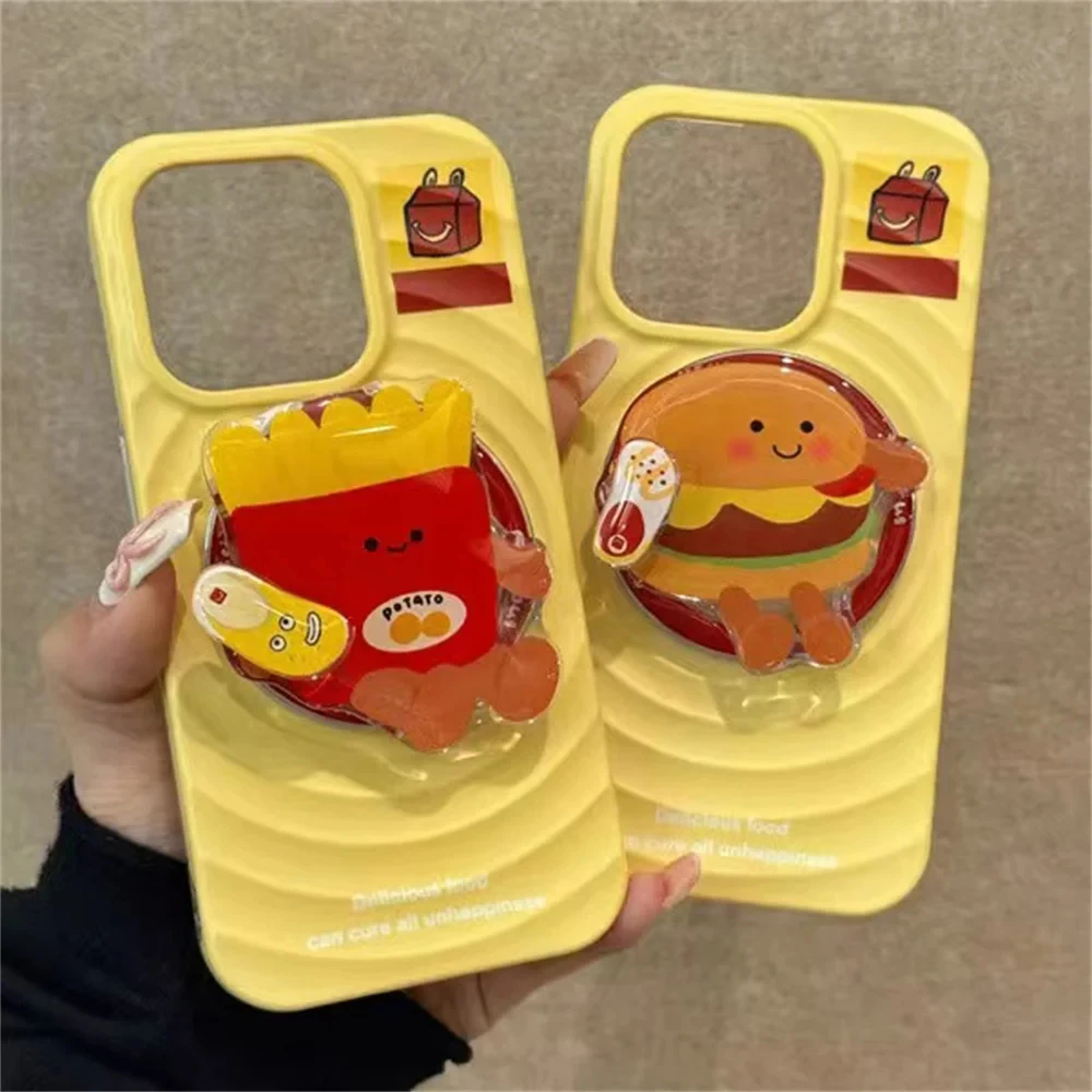 かわいい面白いハンバーグフライドポテト回転式Magsafe対応スマホグリップトックスタンド iPhone 16 Pro用 磁気ワイヤレス充電対応スマホケースホルダー