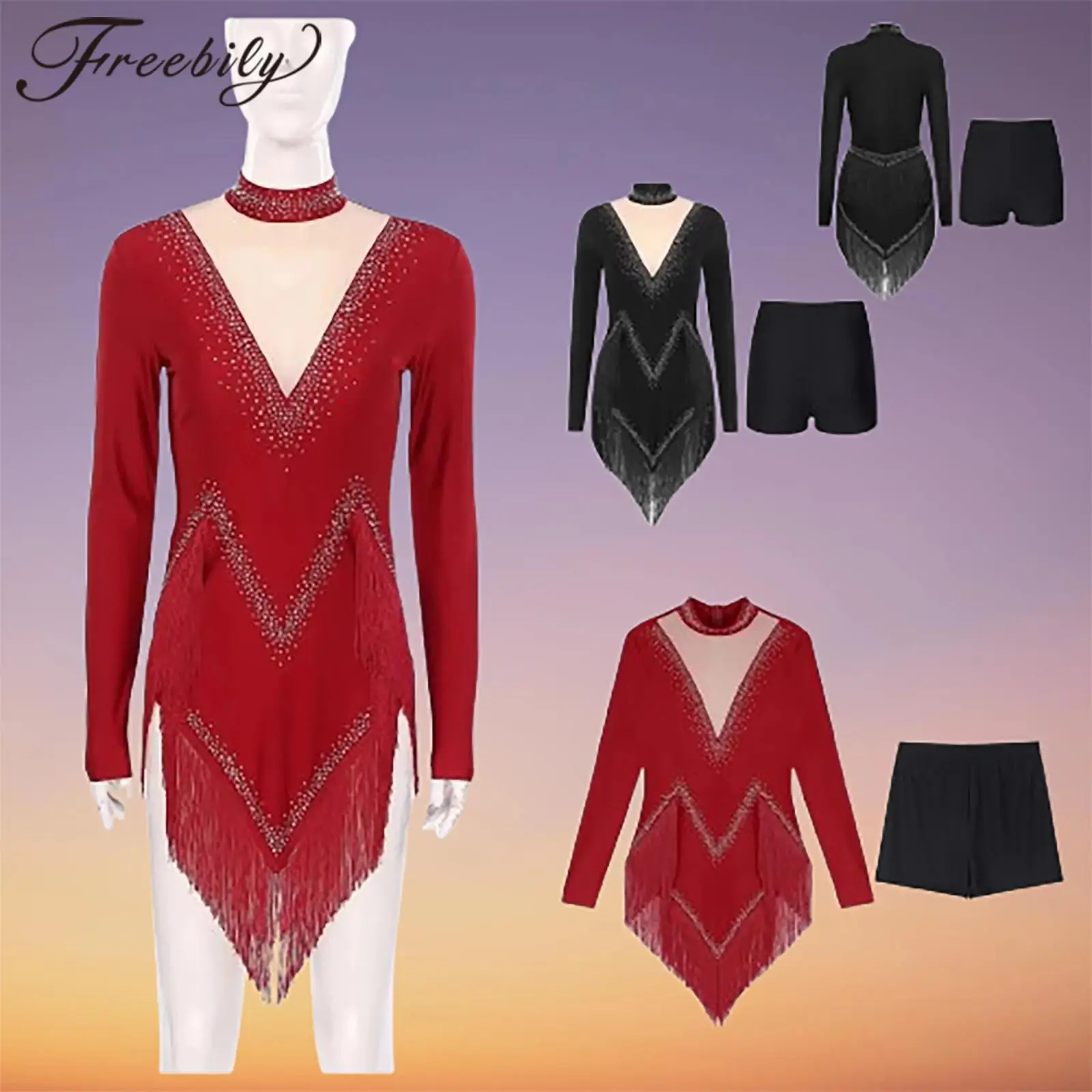 

2025 Women Tango Latin Dance Samba Costume Fringe Chacha Ballroom Salsa Jumpsuit Dress + Shorts Irregular Hem Tassel Leotard