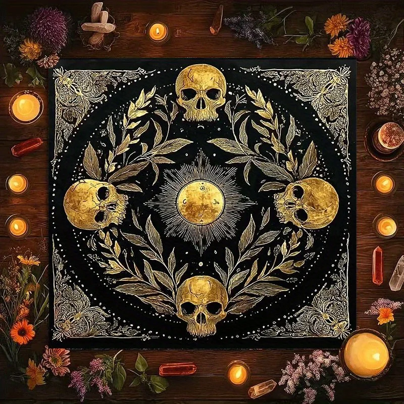 Gothic Skeleton Skull Mandala Tablecloth Black Gold Witchy Halloween Boho Decor Napkin Runner