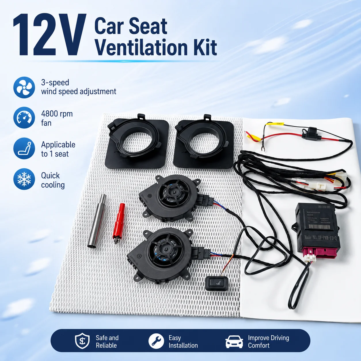 Car Seat Cooling Kit 12V Suction Ventilation Retrofit 3-Speed Adjustable Built-In Upgrade For 1 Seat