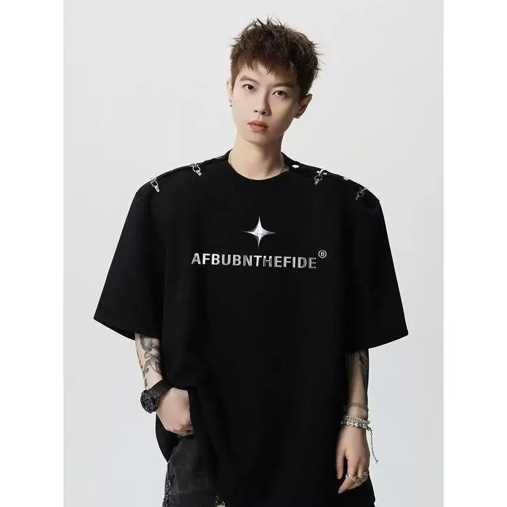 Loose Fit American Style Plane Buckle Design Short Sleeve T-Shirt Unisex Summer Trendy Brand Lightweight Bulkiness Body Fit