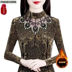 Embroidery Chic Tops Hot 2024 Autumn Winter Women Basic Shirts Korea Japan Style Design Floral Retro Velvet Lace Shirt Blouses