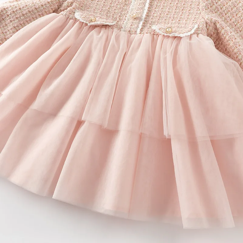 Dave Bella Princess Dress Girls Baby Children 2024 New Autumn Winter  Charm Cute Pink Fashion Long Sleeved Dress DB4243444