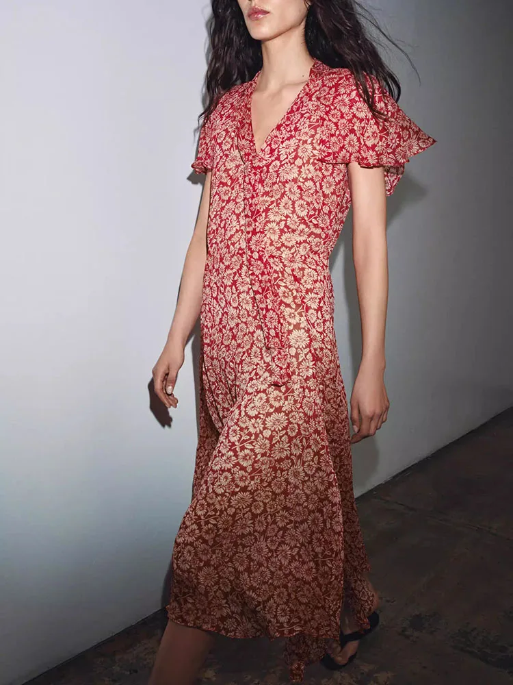 

Summer New Women's Floral Print Short Sleeve V-Neck Dress Holiday Style ZA2026 Ethnic Stage Costume for Young Women 18-25