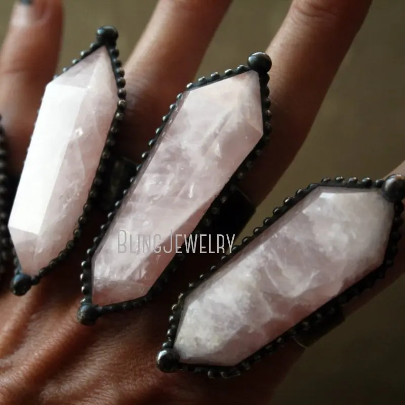 Halloween Bohemian Rose Quartz Double Terminated Point Large Pink Crystal Witchcraft Jewelry Adjustable Statement Cocktail Ring