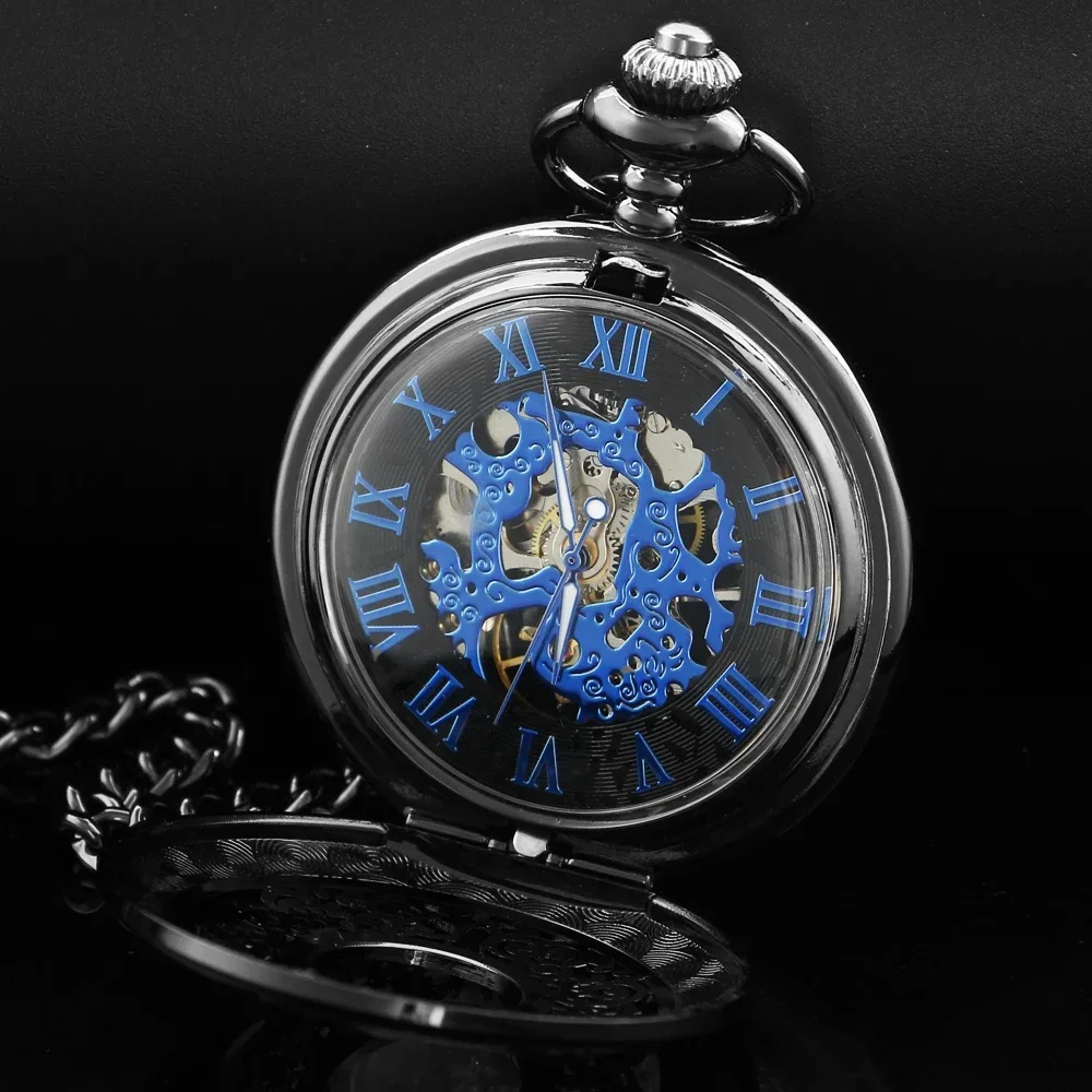 Montre de Poche Mécanique Rétro Noire pour Homme et Femme, FOB, Main, Vent, Double Hunter, Chiffre Romain, PJX1742