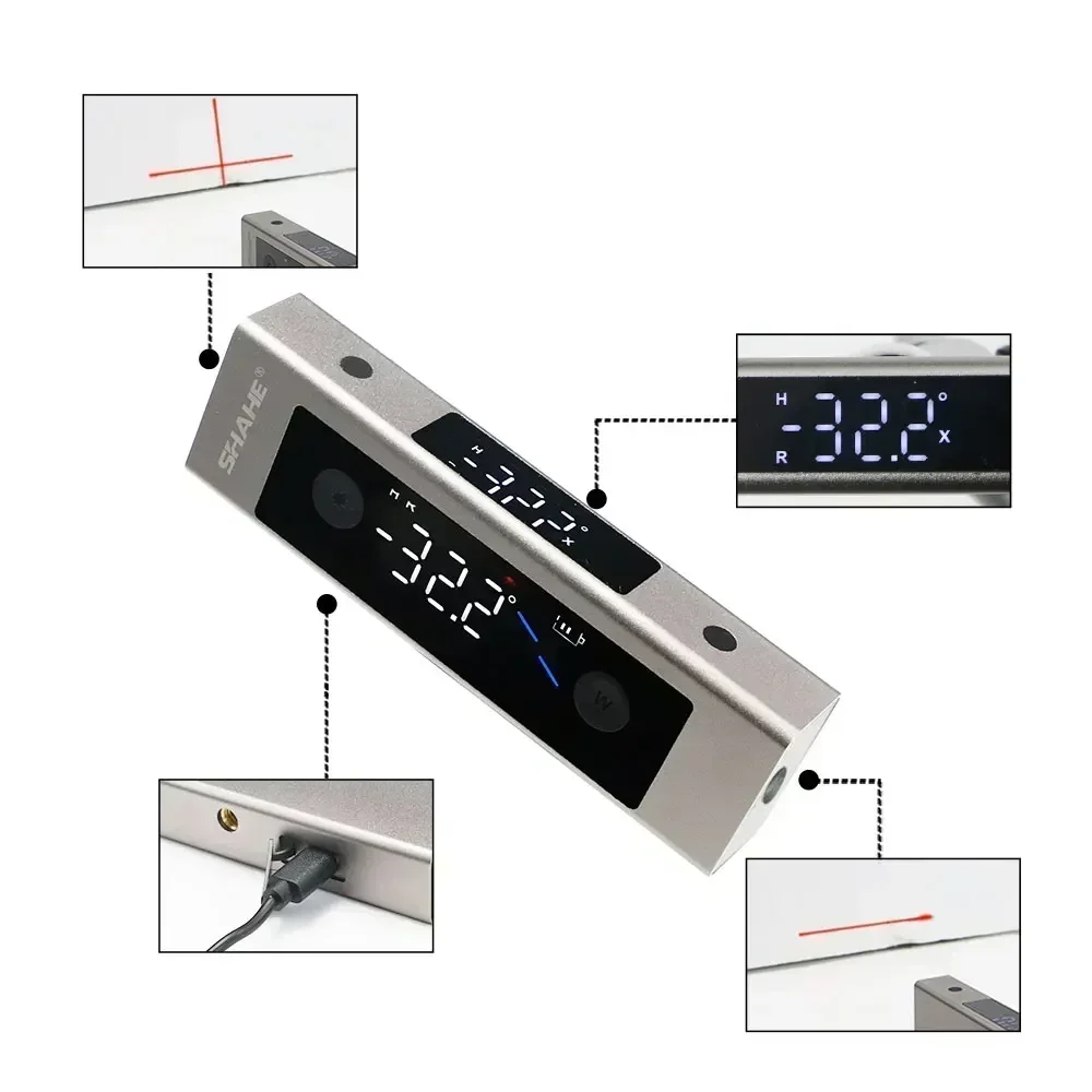 SHAHE Type-C Opladen Laser Gradenboog Digitale Inclinometer Hoekliniaal Gauge Multifunctionele Grote LCD-scherm Hoekzoeker