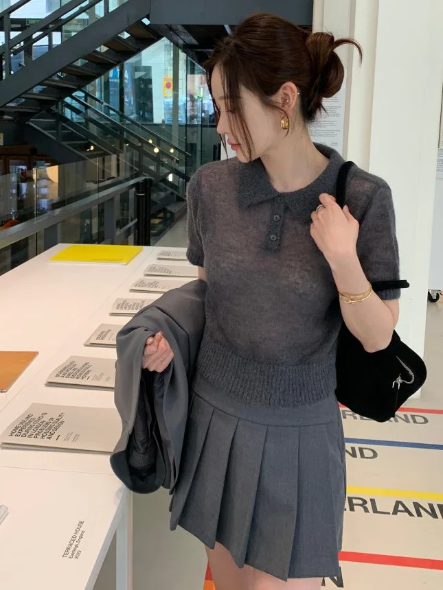 

Ele ort Sve Knitted Top Women's Summer New Vintage Collar Thin Design Sensation Faionable Korean Sle Slim Fit
