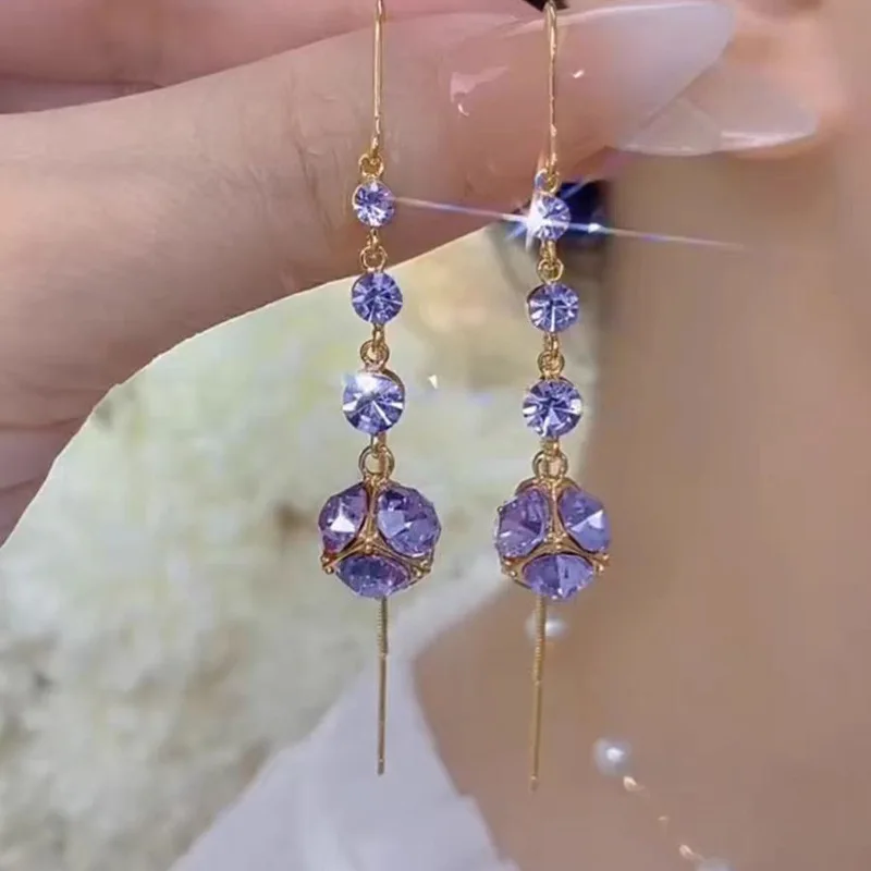 Sweet  New model Temperament Luxury with a touch of elegance Purple Drill ball Tassel  Alloy Long-style earrings