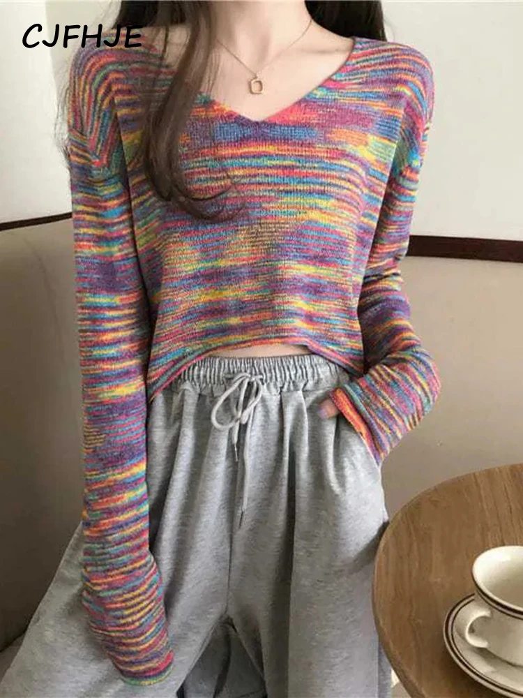 CJFHJE New Rainbow Color Crop Knitted Sweaters Women Autumn Chic Long Sleeve Short Pullovers Woman Korean V Neck Jumpers Female