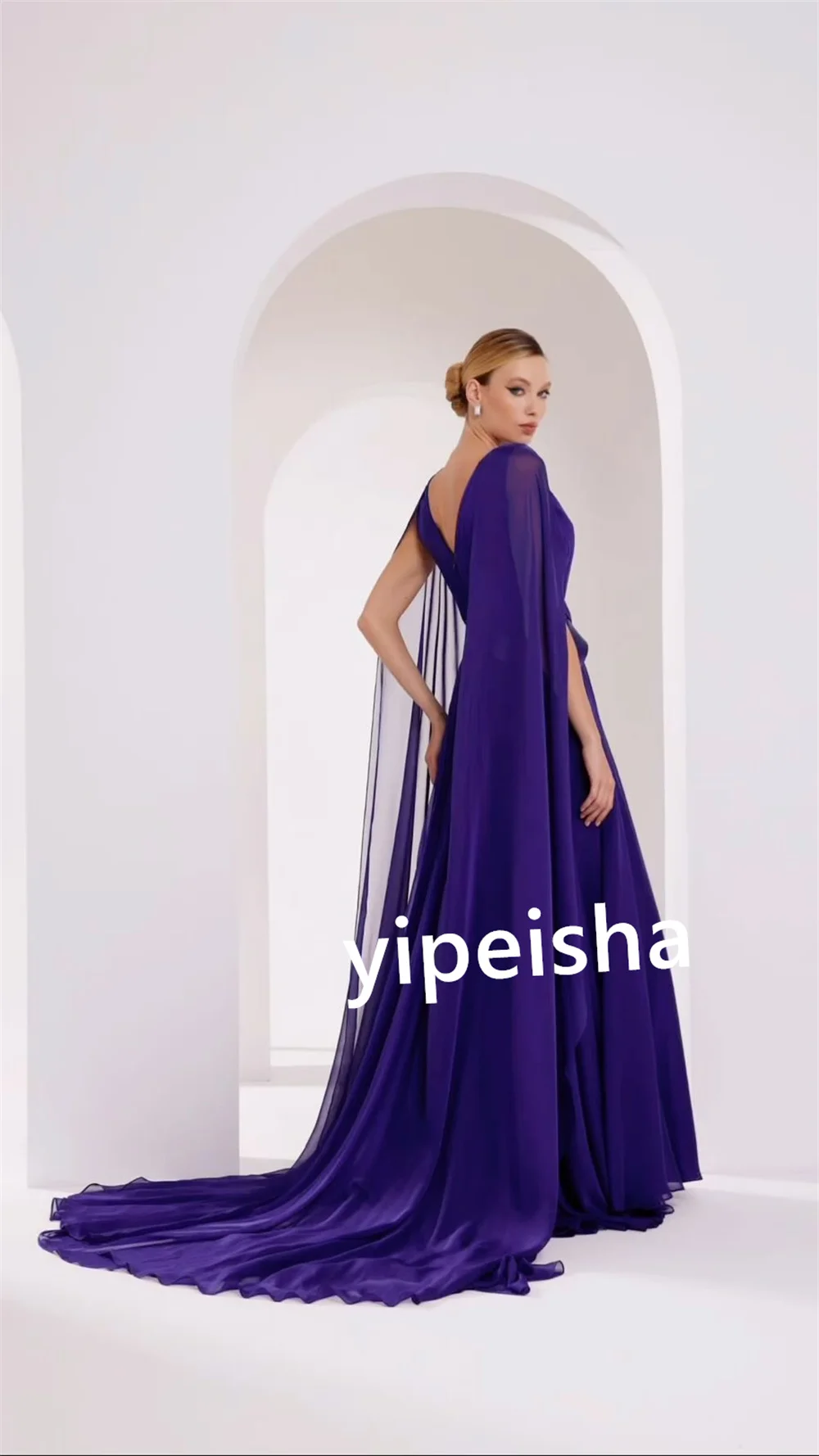 Customized Pleat Flower A-line V-neck Long Dresses Homecoming Dresses Exquisite Modern Style Unisex High Quality Matching