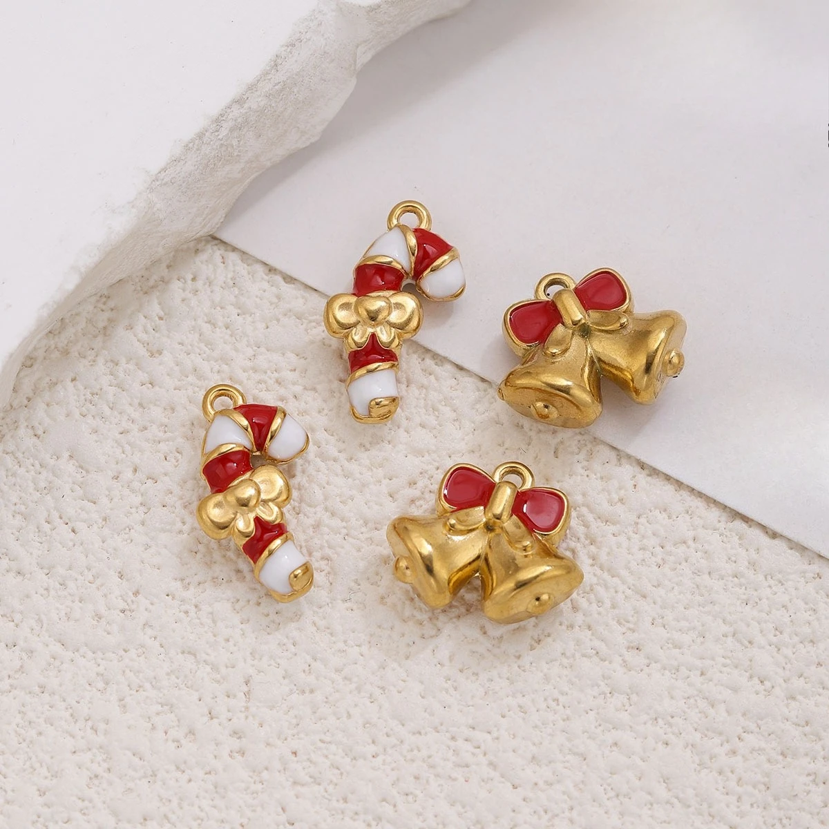 5Pcs Stainless Steel Christmas Enamel Bell Candy Cane Charms For DIY Jewelry Making Findings