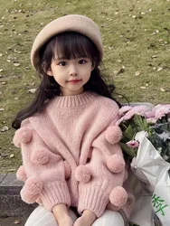 Girls Korean Winter New Cute Ball New Year Sweater Children Warm Thickened Pink Sweater suéter 스웨터 свитер セーター ملابس اطفال