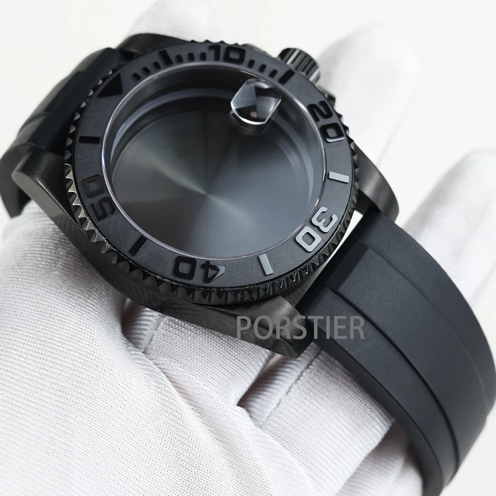 40mm Black PVD NH35 Watch Cases Rubber Strap Sapphire Glass For Seiko nh34 nh35 nh36 Movement 28.5mm Dial YACHT-MASTER Case