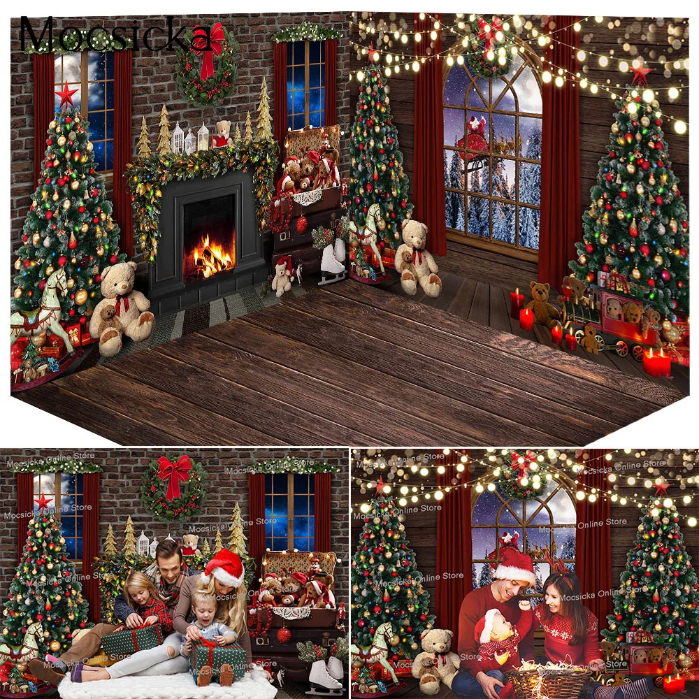 

3D Christmas Bear Toys Room Backdrop Fireplace Window Xmas Tree Kids Portrait Background Winter Night Dreamy Santa Claus Shoot