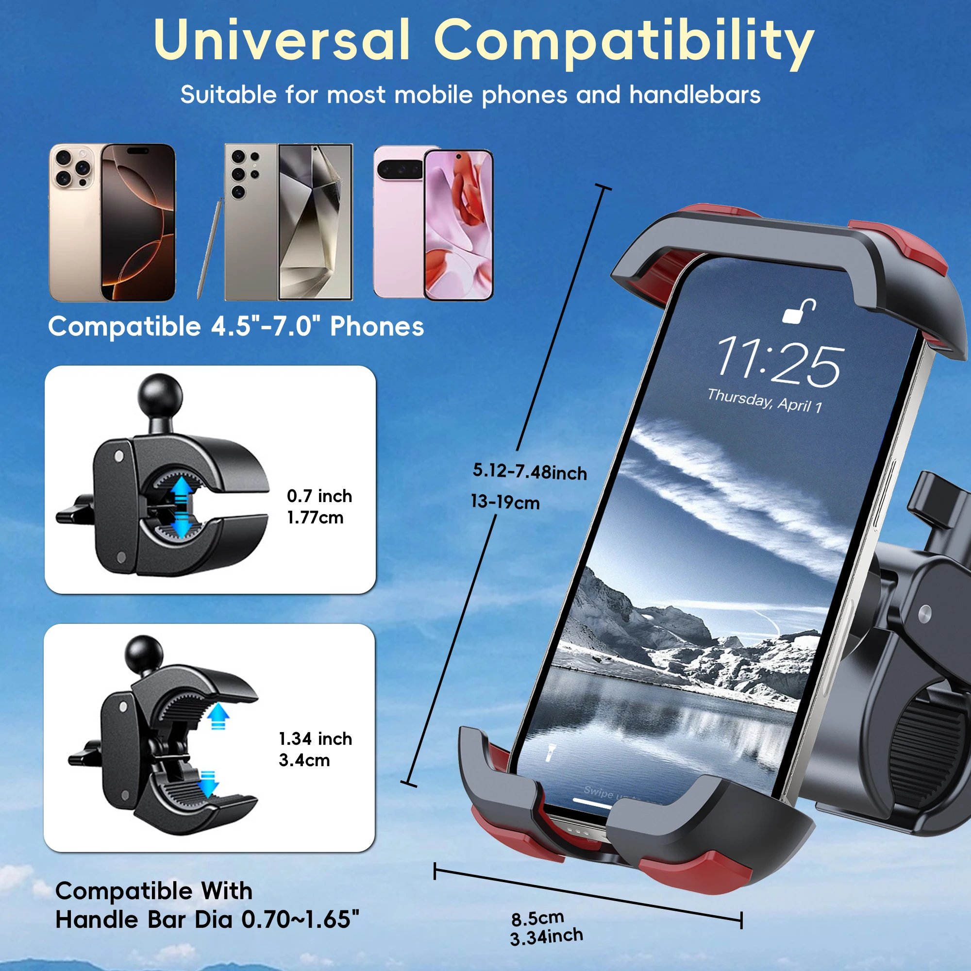 Bicycle Motorcycle Phone Holder Anti Vibration 360° View Handlebar Bike Phone Mount One Hand Operation For 4.7-7'' Phone