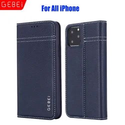 Luxury Brand GEBEI Genuine Leather Flip Unique Magnet Design Stand Case Cover For iPhone 15 14 13 12 Pro Max 11 Xs 8 7 Plus