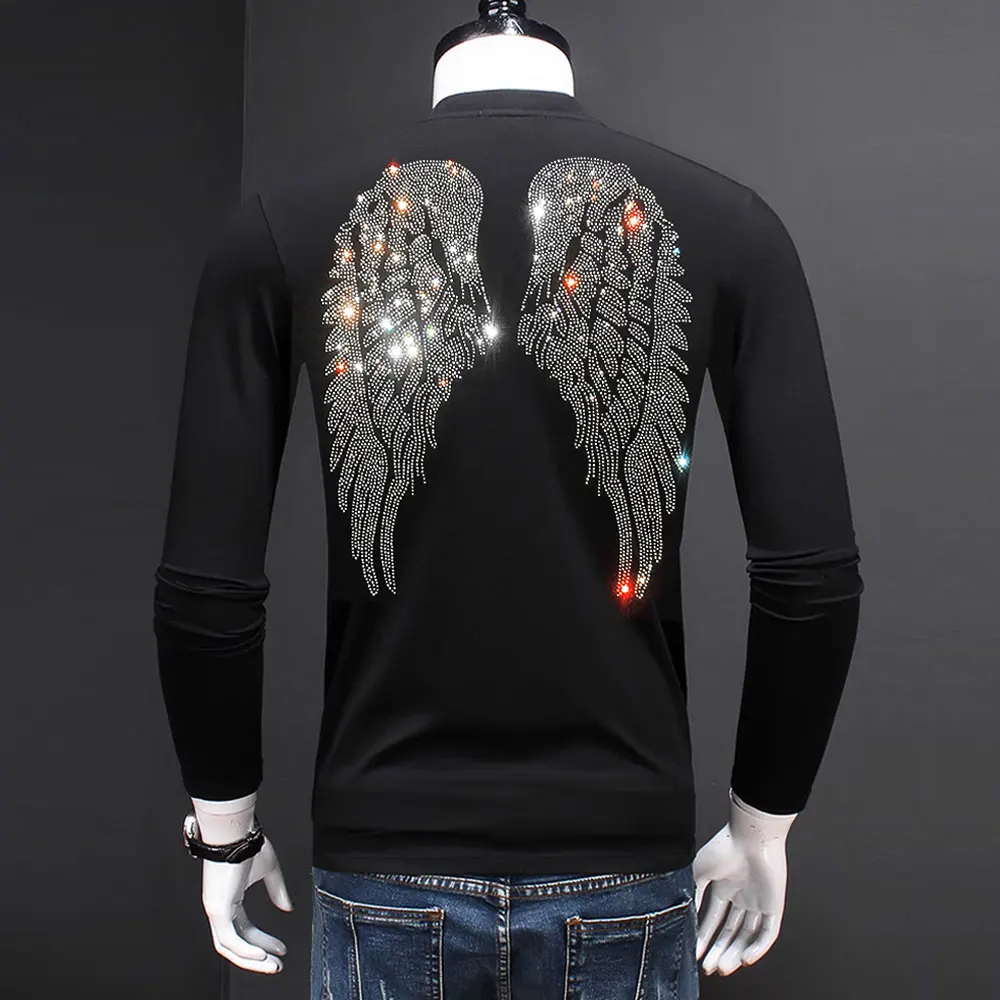 Unisex Rhinestone Wings Print T shirts Male Streetwear Cotton Ins Punk T-Shirt Dropshipping Oversize Long Sleeve Clothes