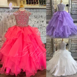 White/Purple Flower Girl Dress For Wedding Beaded Tulle Puffy Ruffles Shining Princess Kids Baby Birthday First Communion Gown