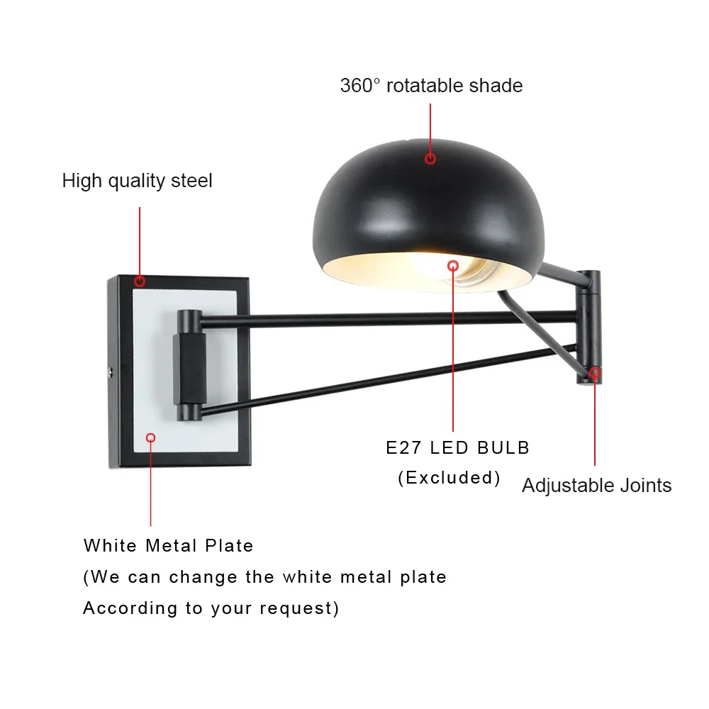 Imagem -02 - Luz de Parede Ajustável Swing Arm Plug in Black Sconces Cord Luminária de Leitura Lâmpadas do Quarto