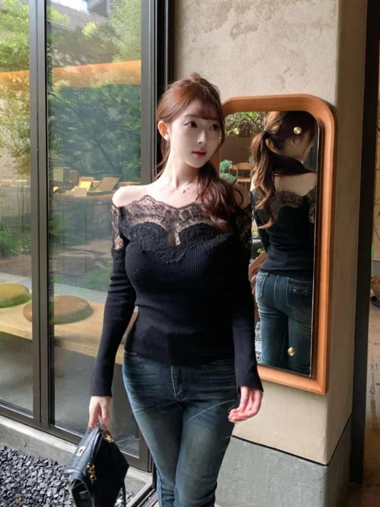 Ballet Beauty Pure Desire Splice Lace One Shoulder Knitted Sweater Women's Autumn Winter Slim Fit Base Top Female Fashion view 5
